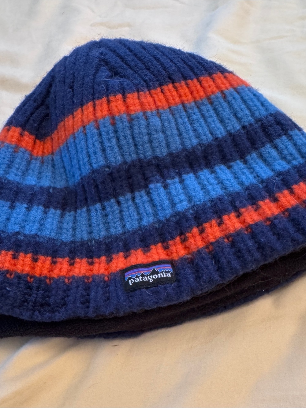 Patagonia Kids Ribbed Beanie - Navy, Bright Blue & Orange Stripes